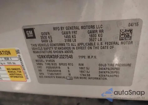 2015 Chevrolet Traverse 1Lt z USA, uszkodzony, nr VIN 1GNKVGKD8FJ327548